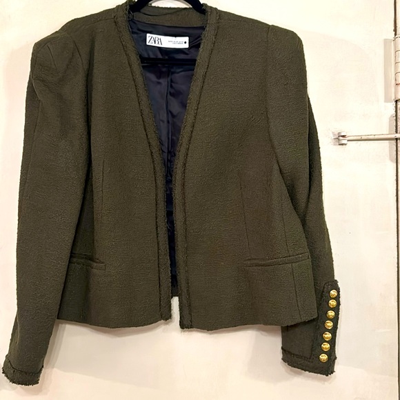 ZARA army green NEW tweed cropped blazer w/ shoulder pads & gold buttons-Sz.XXL - Picture 1 of 14